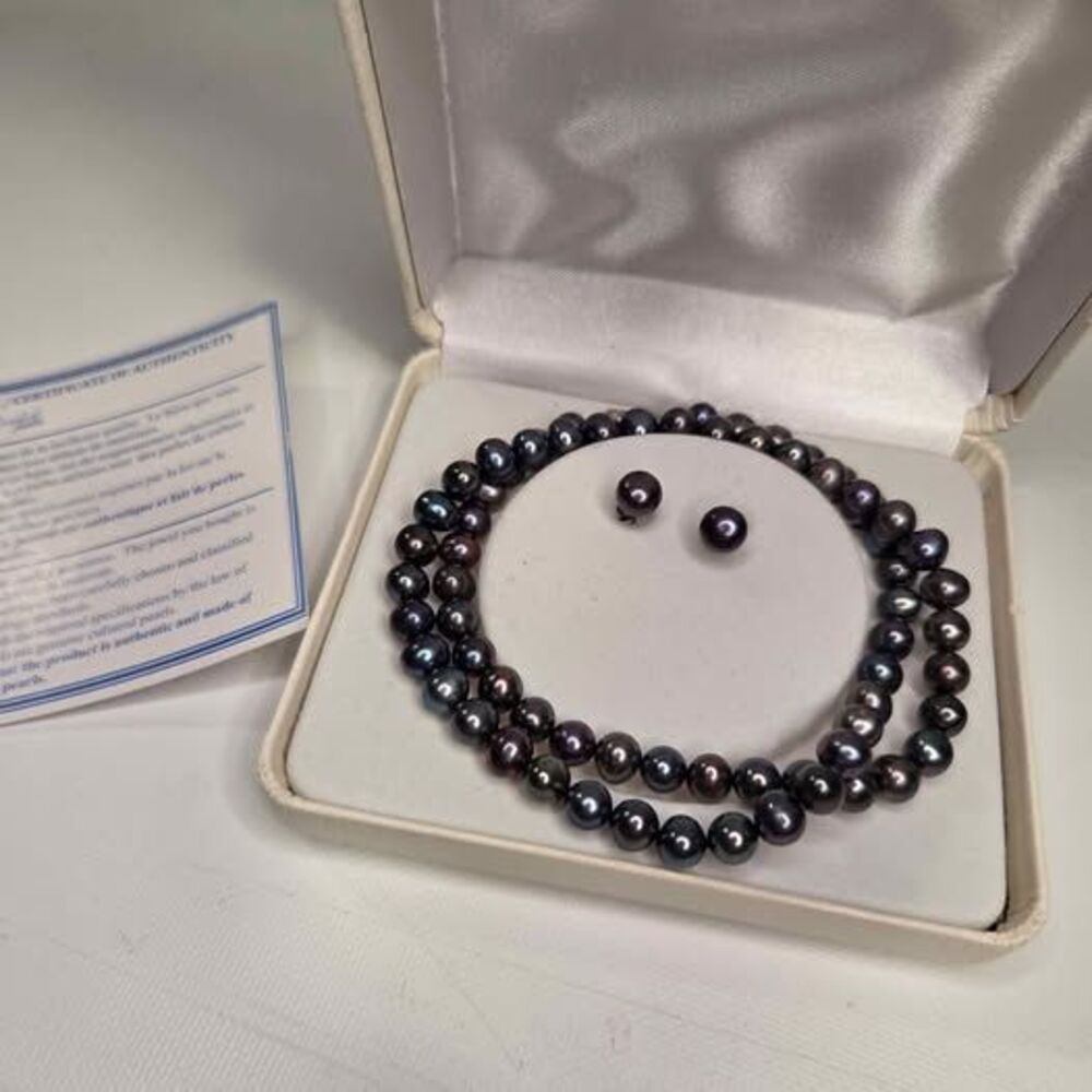 Splendid Pearls Black Cultured Pearl Necklace and Earring 925 Sterling Silver